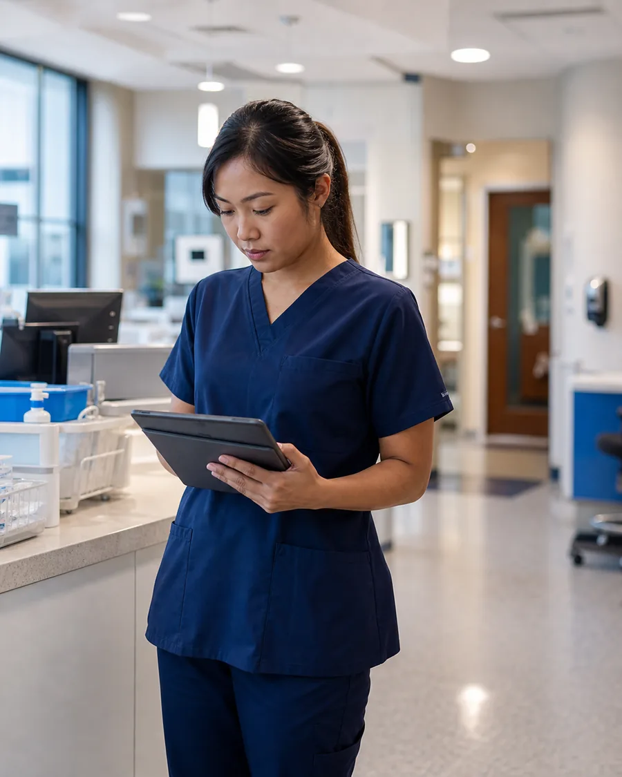 Healthcare professionals coordinating patient-facing work in a clinical setting.