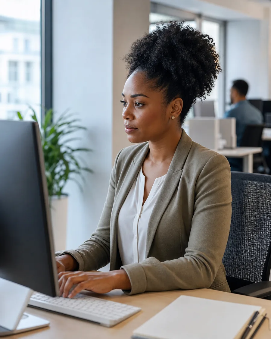An employer reviewing screening information at a computer