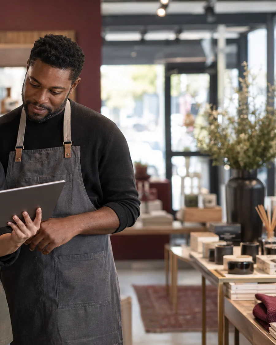Retail team members reviewing store operations on a tablet in a modern shop.