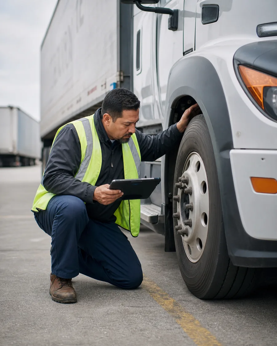 Transportation professionals reviewing fleet operations beside a commercial vehicle.